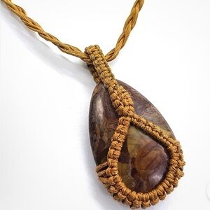 Free People Stone Pendant Boho Necklace brown stone adjustable braided cord